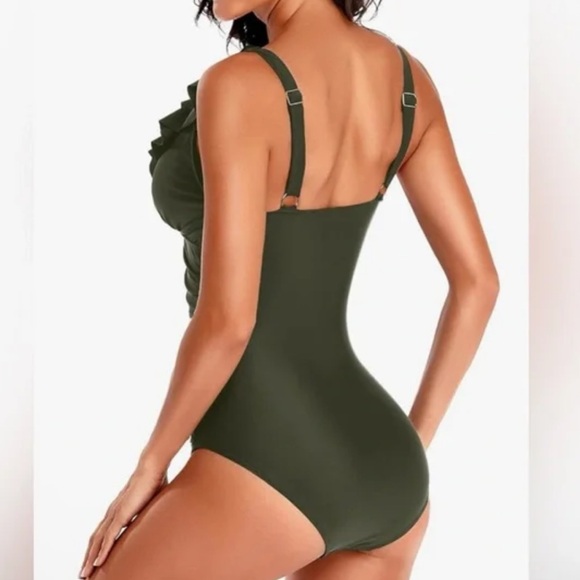 Holipick Tummy Control Olive Ruffle One-Piece Swimsuit - Picture 2 of 6